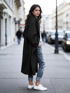 Winter Wool Coat Notch Lapel Single Breasted Casual Mid Long Pea Trench Coat